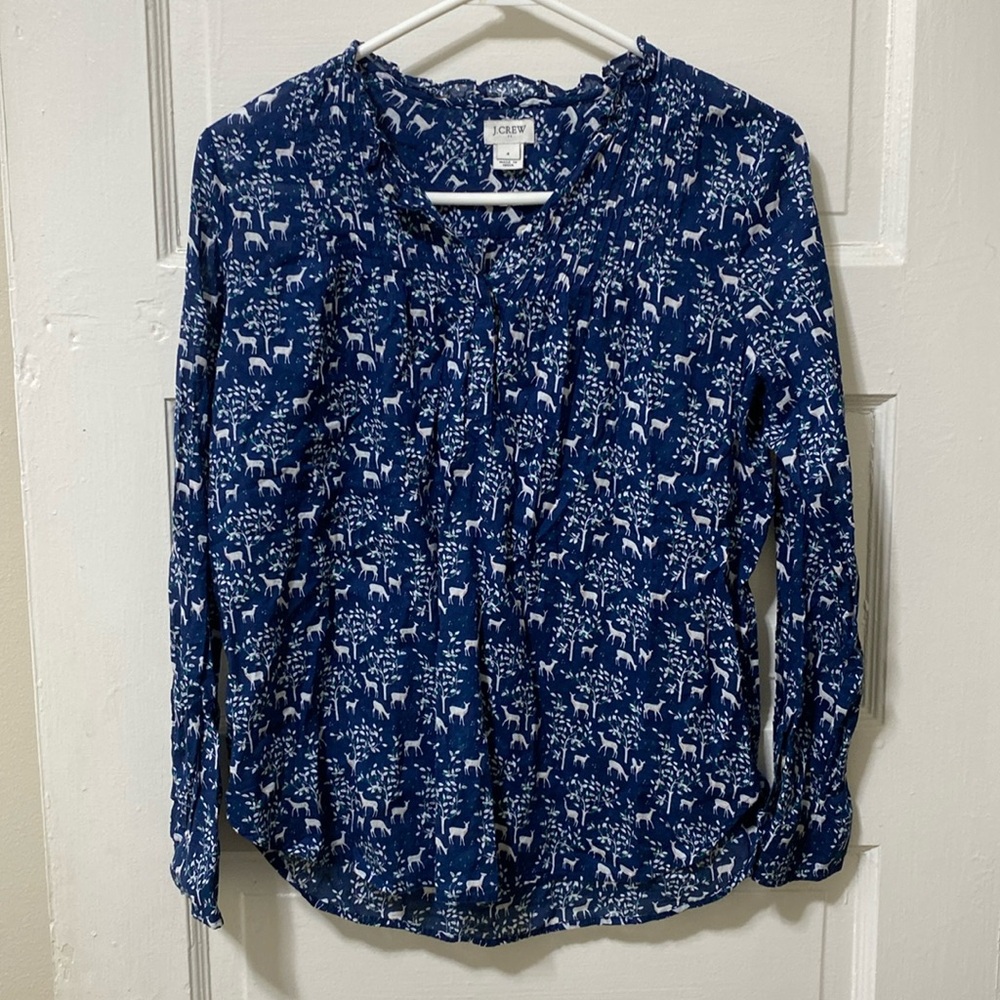 j crew 100% cotton woodland creatures deer blouse